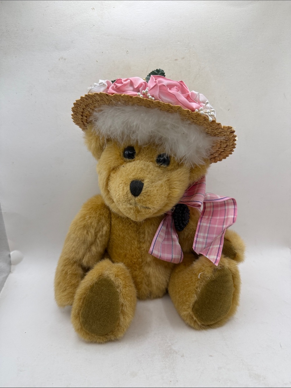 Vtg Boyds Bears & Friends Teddy Bear Pink Plaid Bow Straw Flower Hat w/ Tag